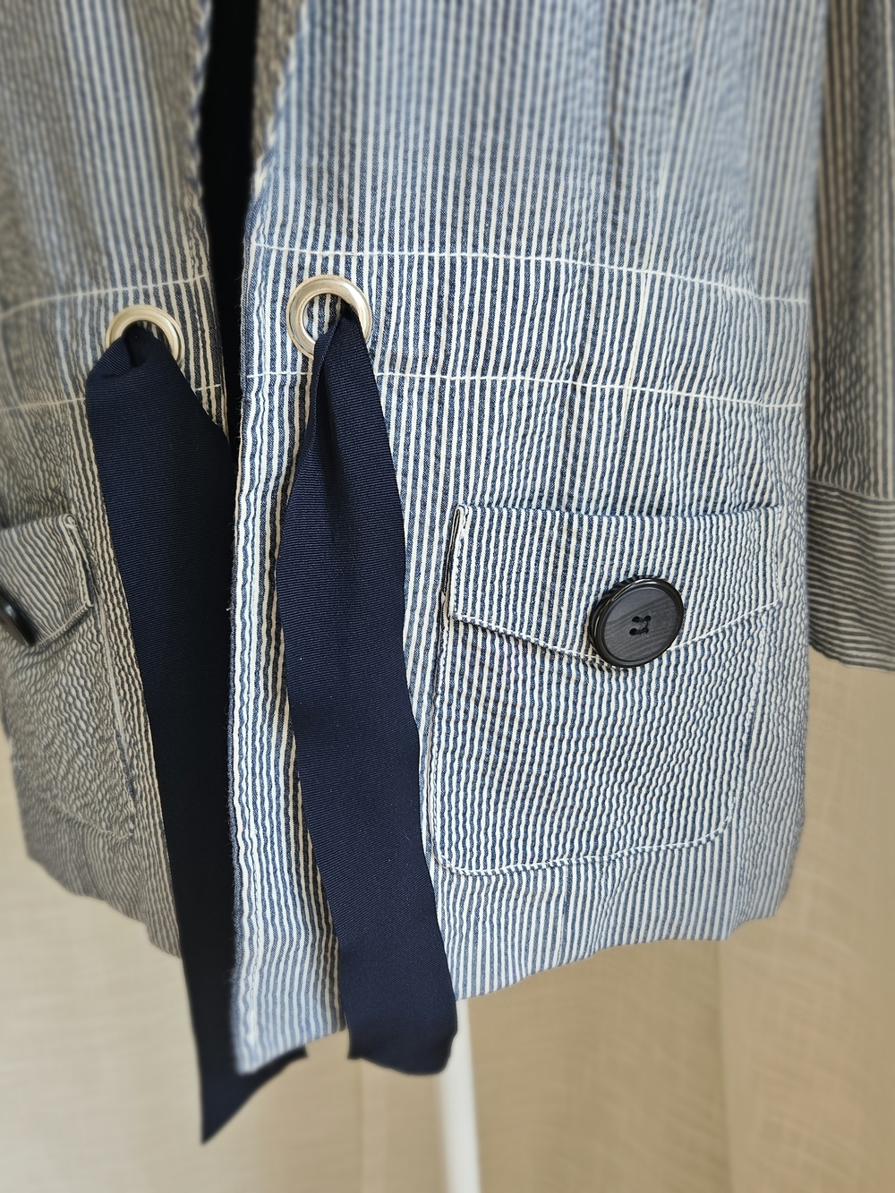 Willi Smith Coastal Seersucker Blue White Striped Utility Blazer Jacket Size L - Picture 6 of 12